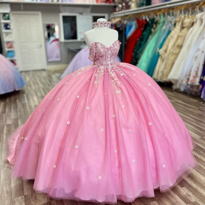 

Pink Shiny Quinceanera Dress 2024 Mexican Vestidos De 15 Princess Sweet 16 Birthday XV Applique Ball Gown Cinderella Girl Dress