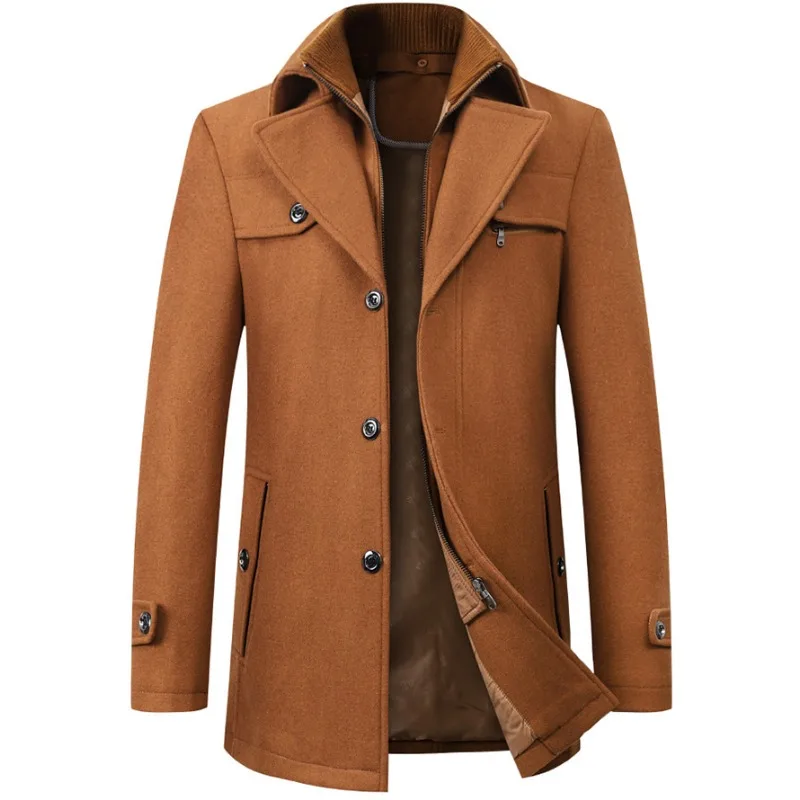 New Winter Fashion Men Slim Fit Wool Trench Coats Middle Long Jacket Suit Male Double Collar Zipper Solid Mens Long Woolen Coats