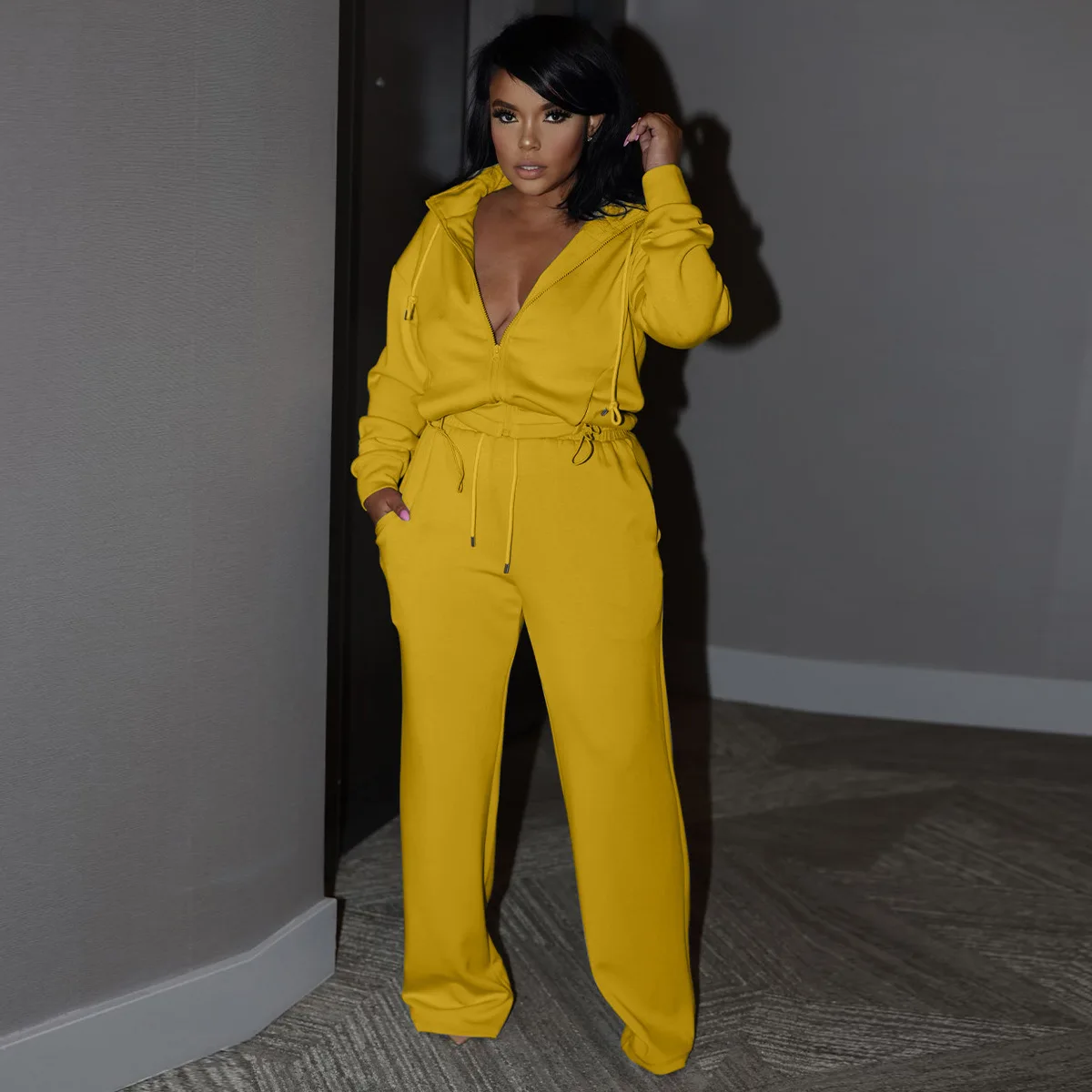 Fashion Women's Two-Piece Hooded Long-Sleeved Top And Bell-Bottom Pants Sports Suit Fall Solid Color Lady Jogging 2-Piece Set
