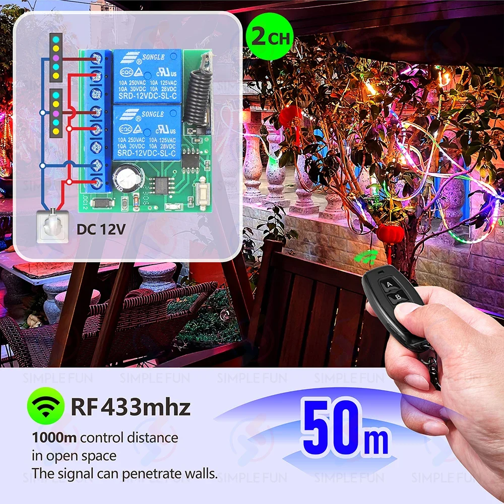 433MHz DC 12V 범용 무선 원격 제어 스위치 2CH 모터 라이트 릴레이 학습 코드 송신기 라이트/게이트/모터/DIY