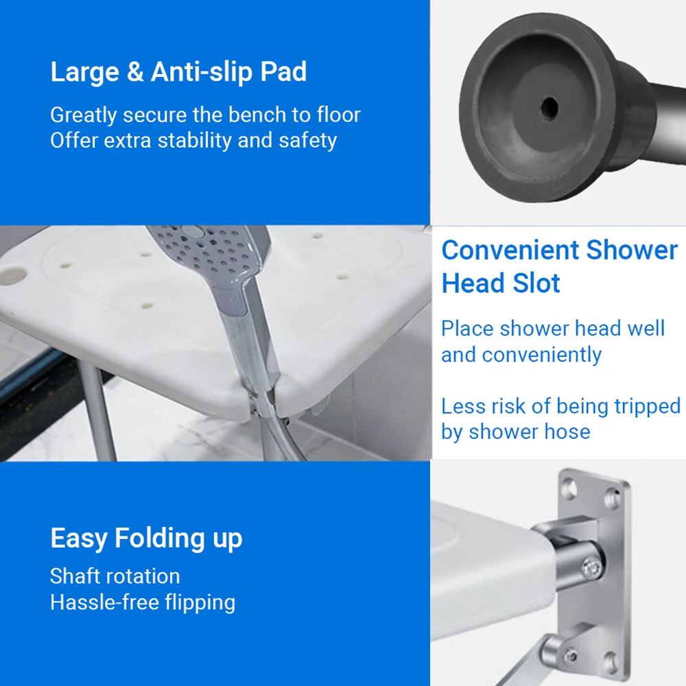 Folding Shower Bench Wall Mounted Flip-up Bath Seat Screw-in Bathroom Chair Stool with Non-slip Feet for Elderly Seniors Disable 5