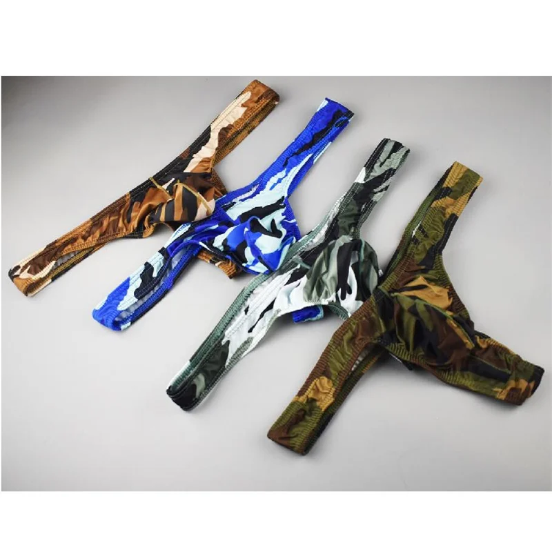 Camouflage Print Men's Pouch Thong Underwear - Sexy Convex Design, Plus Size
