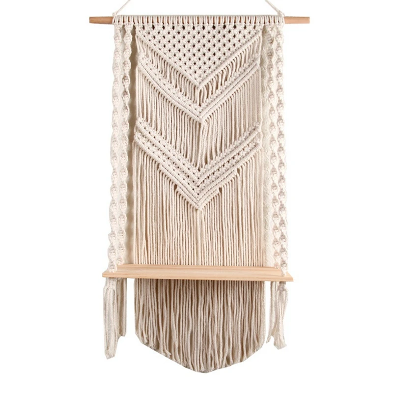 

BEAU-Handmade Tassel Macrame Wall Hanging Shelf Boho Cotton Rope Woven Tapestry Plant Hanger Wood Shelf Decor