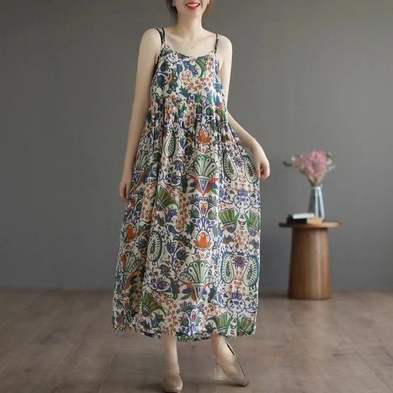 Women's Summer French Floral Waist Vest Dress High-End: Thin Strap Midi/Maxi Length Sleeveless