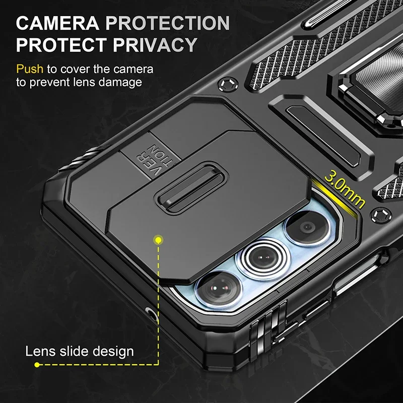 Armor Shockproof Phone Case with Sliding Window Lens Protection and Metal Ring Holder Back Cover