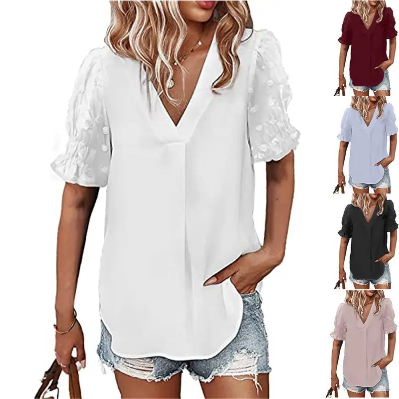 2023 Summer New Women's V-neck Chiffon Shirt Stitching Fur Ball Short-sleeved Top Women Fashion Commuting All-match Casual Top luckymarche le match cannonball ball cap qxrax23111whx