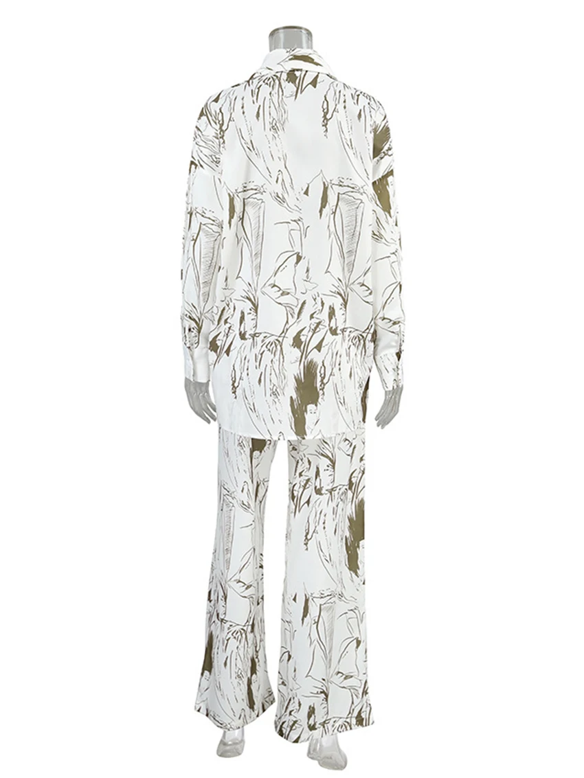 Marthaqiqi Loose Printing Ladies Pajamas Set Long Sleeve Nightgowns Turn-Down Collar Sleepwear Wide Leg Pants Women Nightie Suit