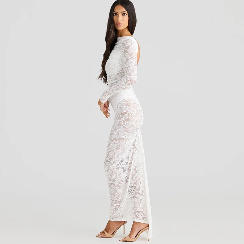 White Lace Backless Long Dress For Women See-Through High Waist Printed Slim Solid Hollow Out Dress Women's Party Dress