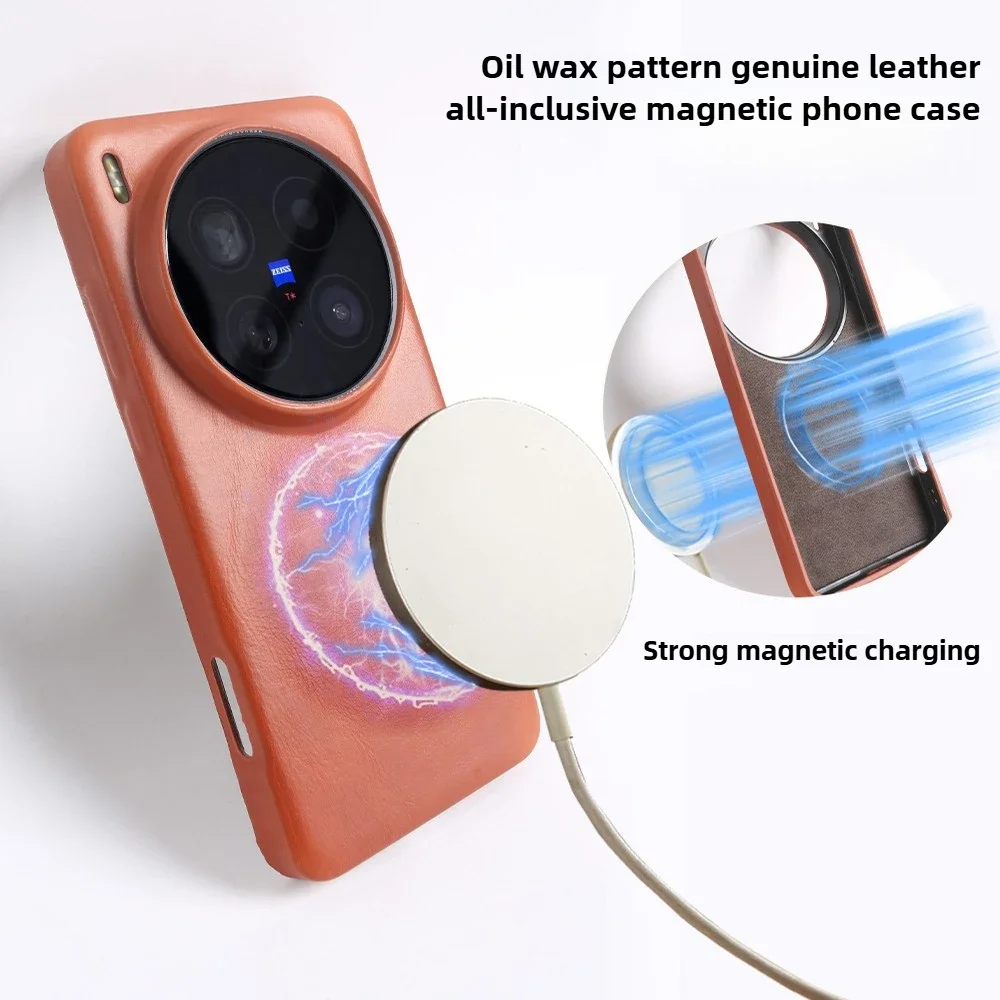 Luxurious Leather Phone Case with Magnetic Calfskin Oil Wax Finish