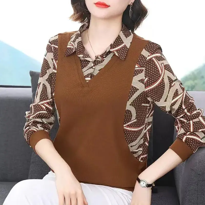 Spring Autumn Fake Two Pieces Blouse Vintage Long Sleeve Printed Women's Clothing Commute Lapel Button Stylish Patchwork Shirt