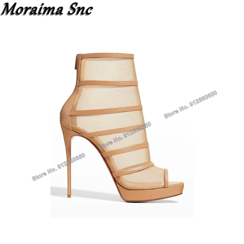 

Moraima Snc Air Mesh Back Zipper Sandals Peep Toe Toe Cover Heel Stilettos High Heels Wedding Shoes on Heels Solid Sandal Boots