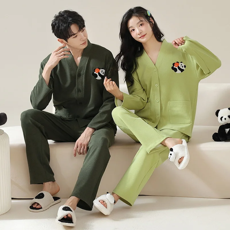 2023 Cotton Nightwear Couples Spring Men Long Pajamas Women Cardigan Fashion Print Thicken Loose Sleepwear