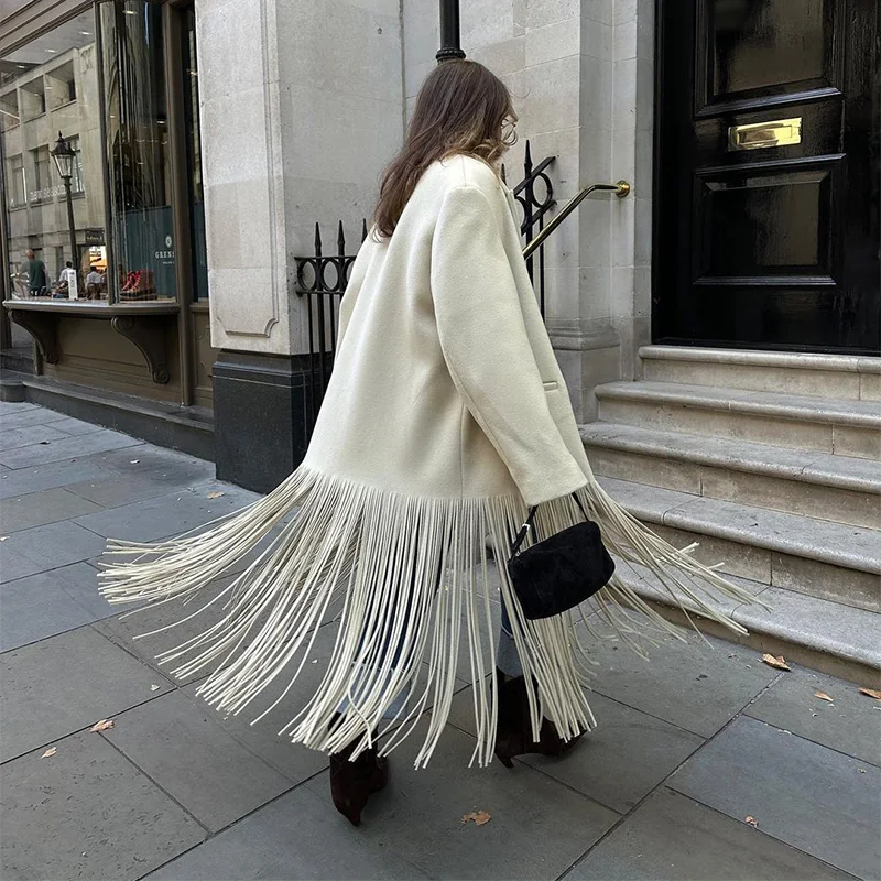 Abrigo largo de lana con borlas para mujer, chaqueta holgada de manga larga con solapa y botonadura sencilla, color marrón, primavera 2025