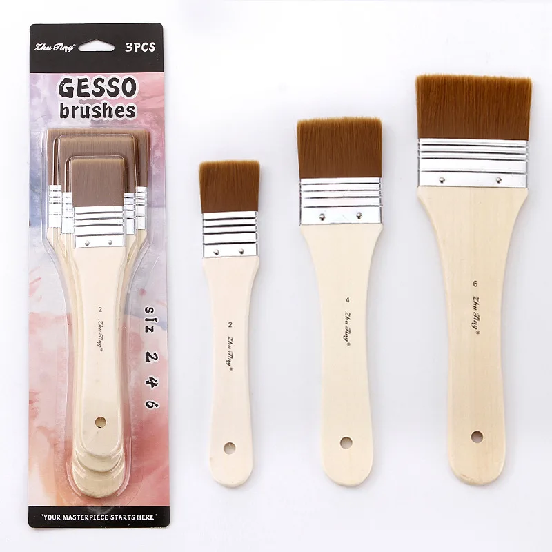 3pcs Nylon Big Flat Template Paint Brushes Set Brown Hair Natural Wood Stencil Brush Set Large DIY Painting with Blister Card