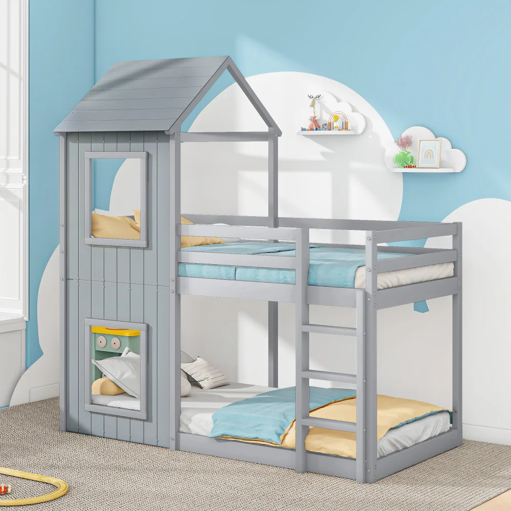 90*200cm Massivholz-Etagenbett mit Leiter & Baldachin Bodenfreundliches Kinder-Hausbett Robuste Schlafzimmermöbel Fotografie-Requisiten – Detail 14
