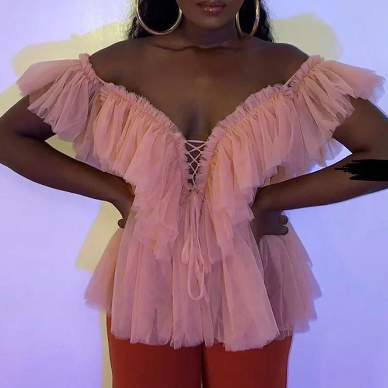Summer Sexy Gauze Womens Vintage Ruffle Mesh Blouse Top Fashion Woman Transparent Streetwear Suspender Backless Tops 2024 Spring