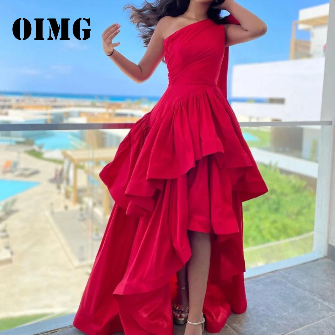 

OIMG New Design One-Shoulder Prom Dresses Sleeveless Saudi Arabic Satin Ruched Tiered Red Women Evening Gowns Formal Party Dress