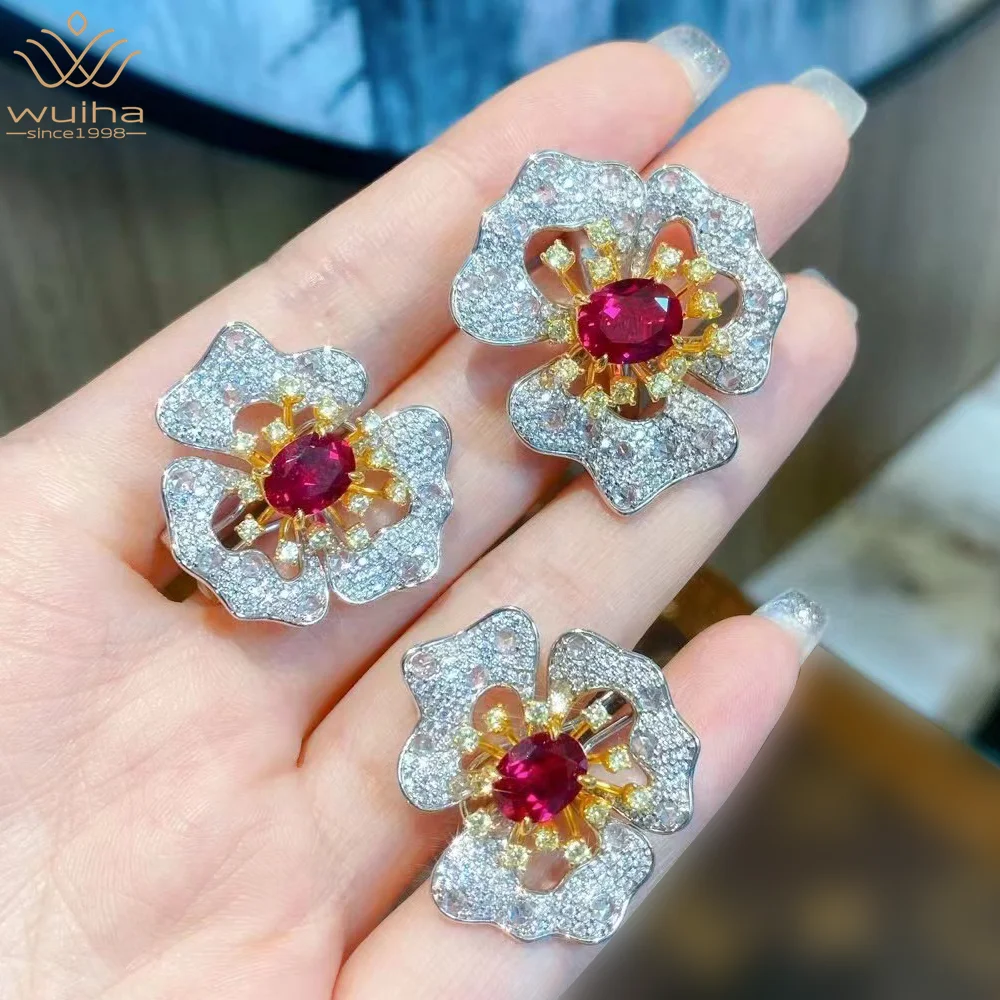 Wuiha Real 925 Sterling Silver Oval 2Ct Creato Ruby Fancy Vivid Red Sapphire Ring/Orecchini Anniversario Set Di Gioielli Dropshipping