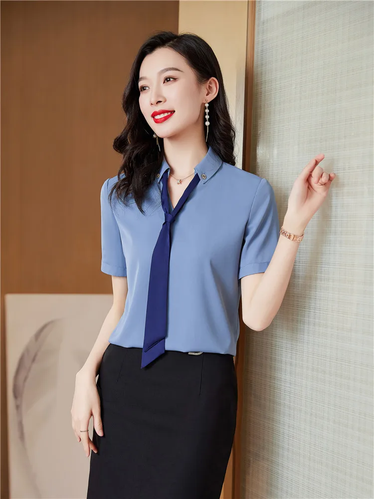 Novelty Red Professional OL Styles Ladies Short Sleeve Female Summer Slim  Fashion Business Women Shirts Tops Clothes Blouses Ladies Blouse Career Job  Interview Blusa Clothing