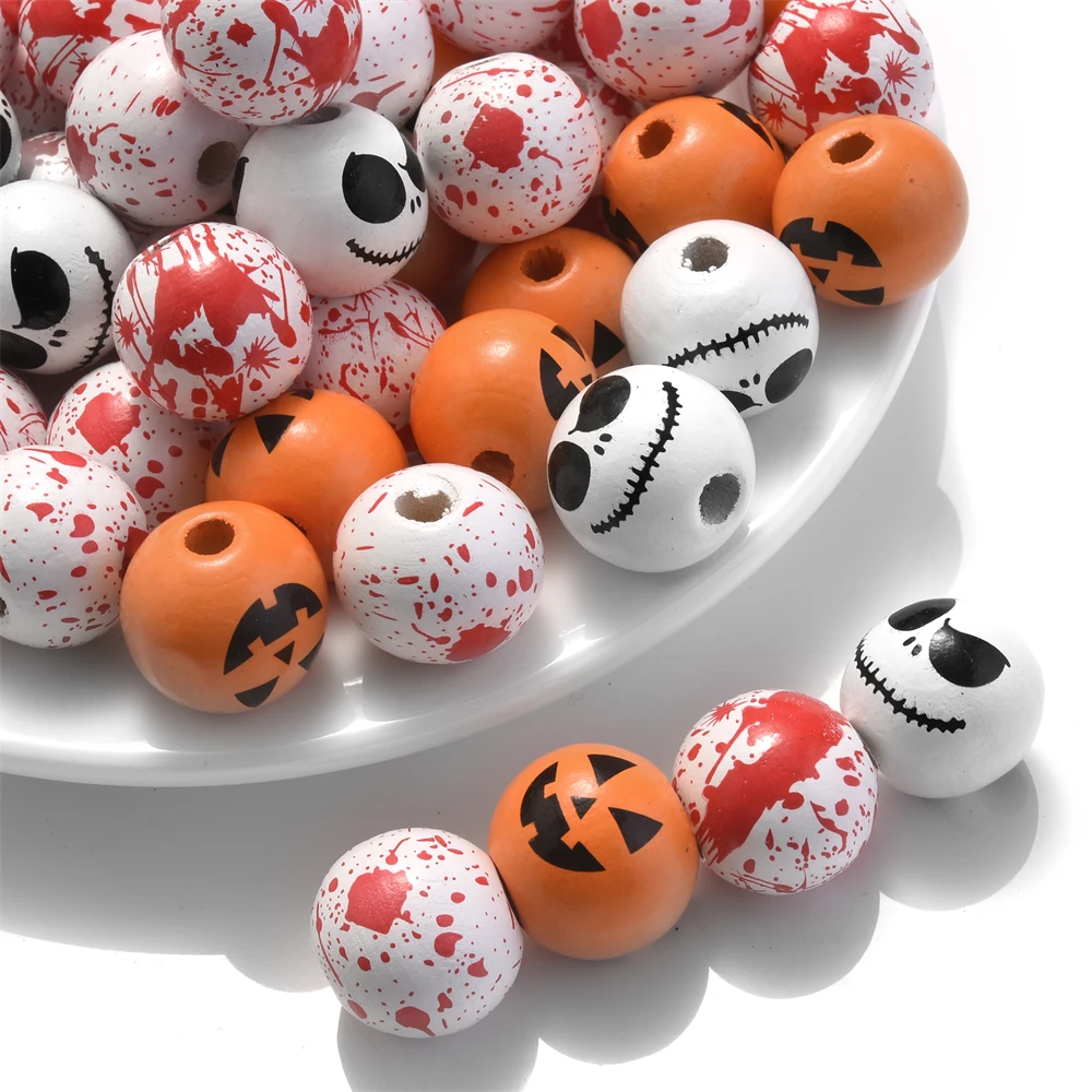 10 stücke 16mm halloween gruselige holz perlen natürliche holz abstands halter perlen für schmuck machen diy urlaub dekorations zubehör – Detail 3
