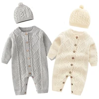 Autumn Newborn Girl Boy Knitted Jumpsuits Outfits Winter Baby Rompers Caps Clothes Sets Long Sleeve Toddler Infant Overalls 2pcs