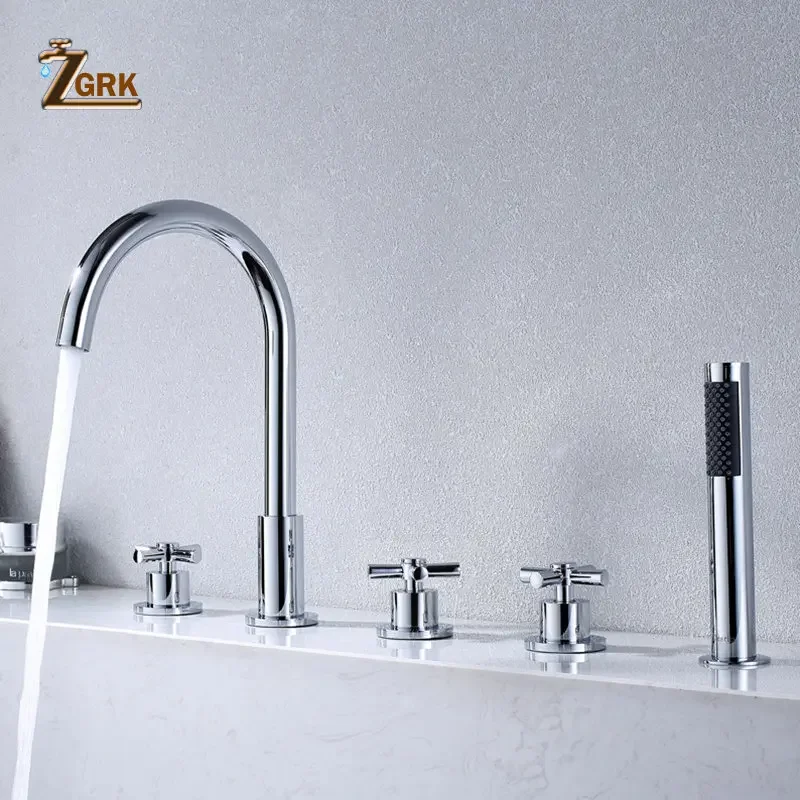 Bathtub Mixer Faucets Triple Handle Bath Tub Deck Mounted 5 Hole Water Crane Cold and Hot with Hand Shower Black Chrome Gold 3