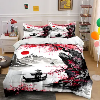Elegant Red Plum, Ink Landscape Print Bedding Set 1 Duvet Cover 2 Pillowcases for Adult and Children Luxury Gift Full Size 1
