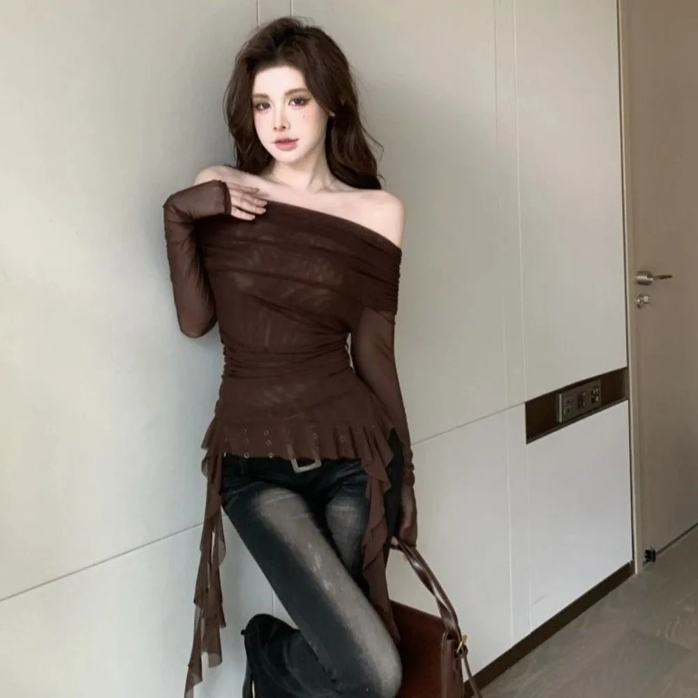 Streetwear Jellyfish Mesh Belt T-Shirt Korean Y2K Ins Elf Long Sleeve Slim Fit Crop Tops Transparent Unusual