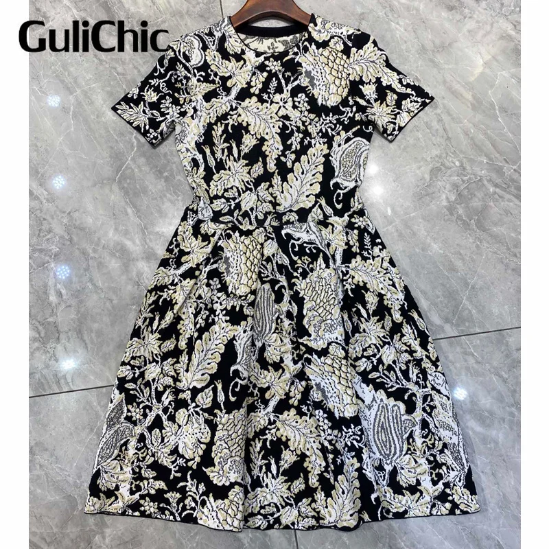 

8.27 GuliChic Women Fashion O-Neck Short Sleeve High Waist Slim Flower Knitted Mini Dress