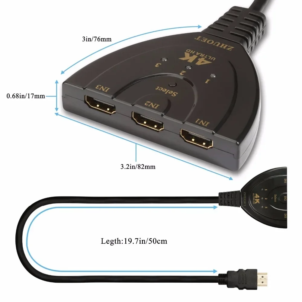 Mini 4K 1080P 3 Input 1 Output HDMI-Compatible Switch Switcher Splitter Port For PC TV Media Box DVD Player S03