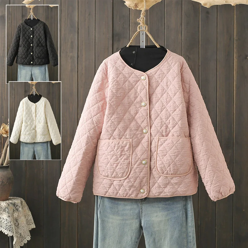 가을과 겨울 플러스 사이즈 110.00kg 작은 둥근 목 마름모 다운 재킷면 패딩 의류 여성 서양식 올 매치 여성 연령을 줄인면 패딩 의류 패션