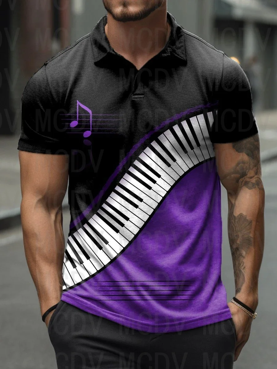 

Men's Black And White Keys Music Note Short Sleeve 3D Printed Polo Shirt