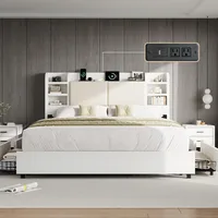 Extra Large Bed Frame with 4 Storage Drawers, Cushioned Bed Frame, 47.2 in Bookshelf Headboard, Charging Station 1