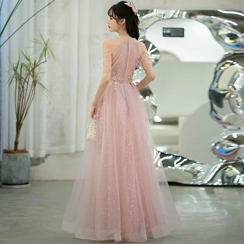 LANMU Elegant Pink Celebrity Dress Sequins Beading Halter With Tassel Sleeve A Line Exquisite Floor Length Prom Evening Gowns