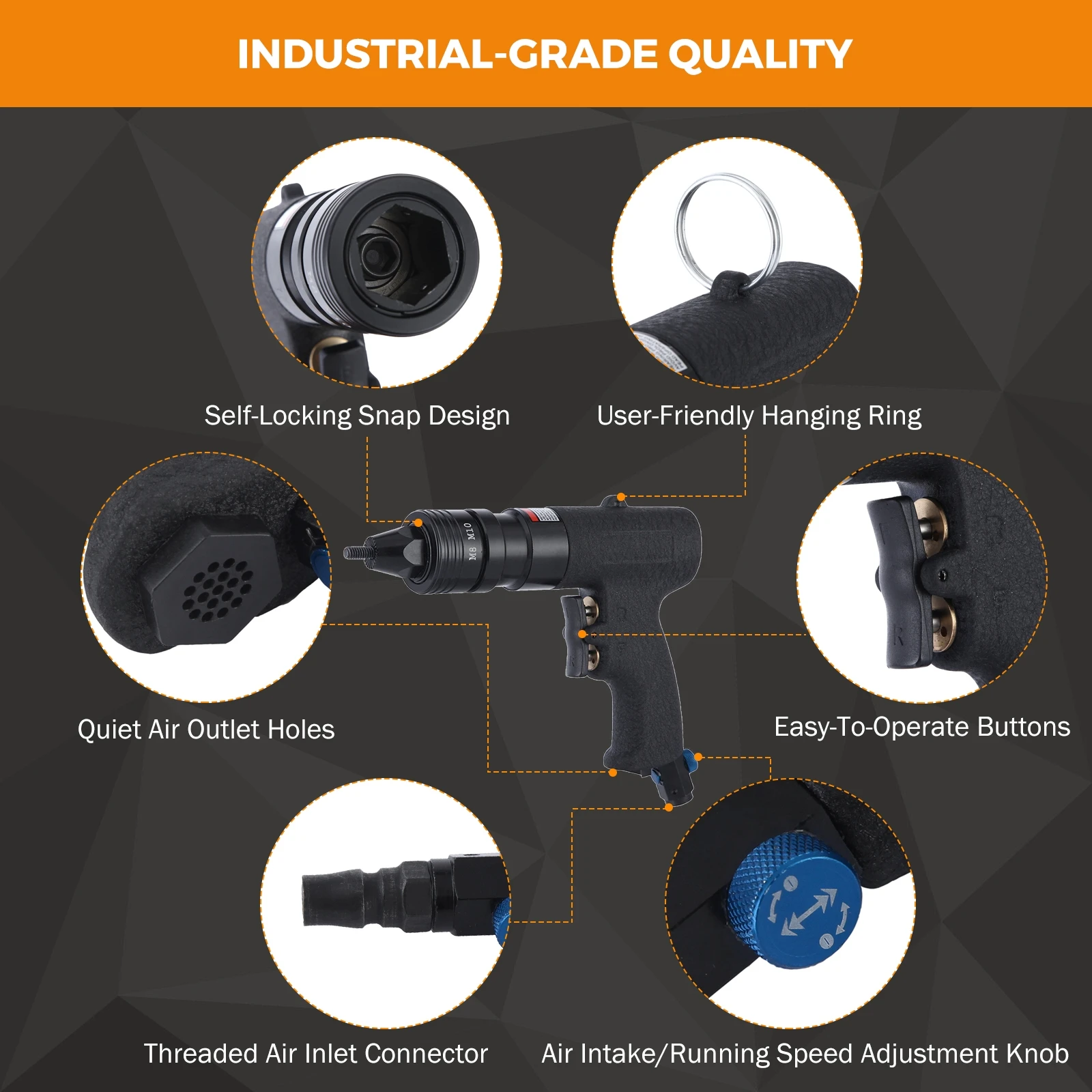 Pneumatic Air Rivet Gun Blind Riveting Gun Flat Nuts Riveter Rivenut Tool Kit With M6 M8 M10 Self-Locking Head With 150pcs Nuts