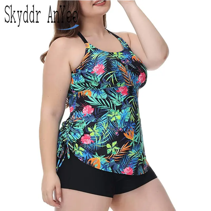 

2022 Two Pieces Plus Size Tankini Swimsuits For Women Prined Large Size Swimwear Tummy Control Bathing Suit High Waist Swimsuit