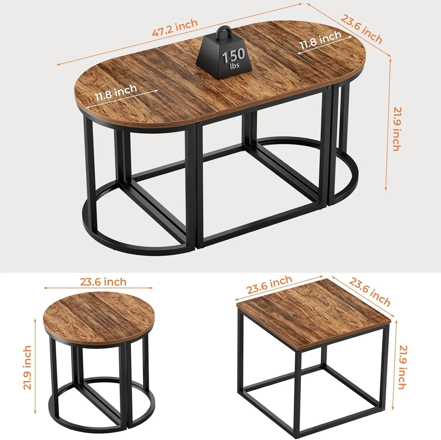 Coffee Table Oval 3pcs Set, Modern Living Room Table with 2 End Tables, Small Center Table with Metal Frame for Home Apartment 3