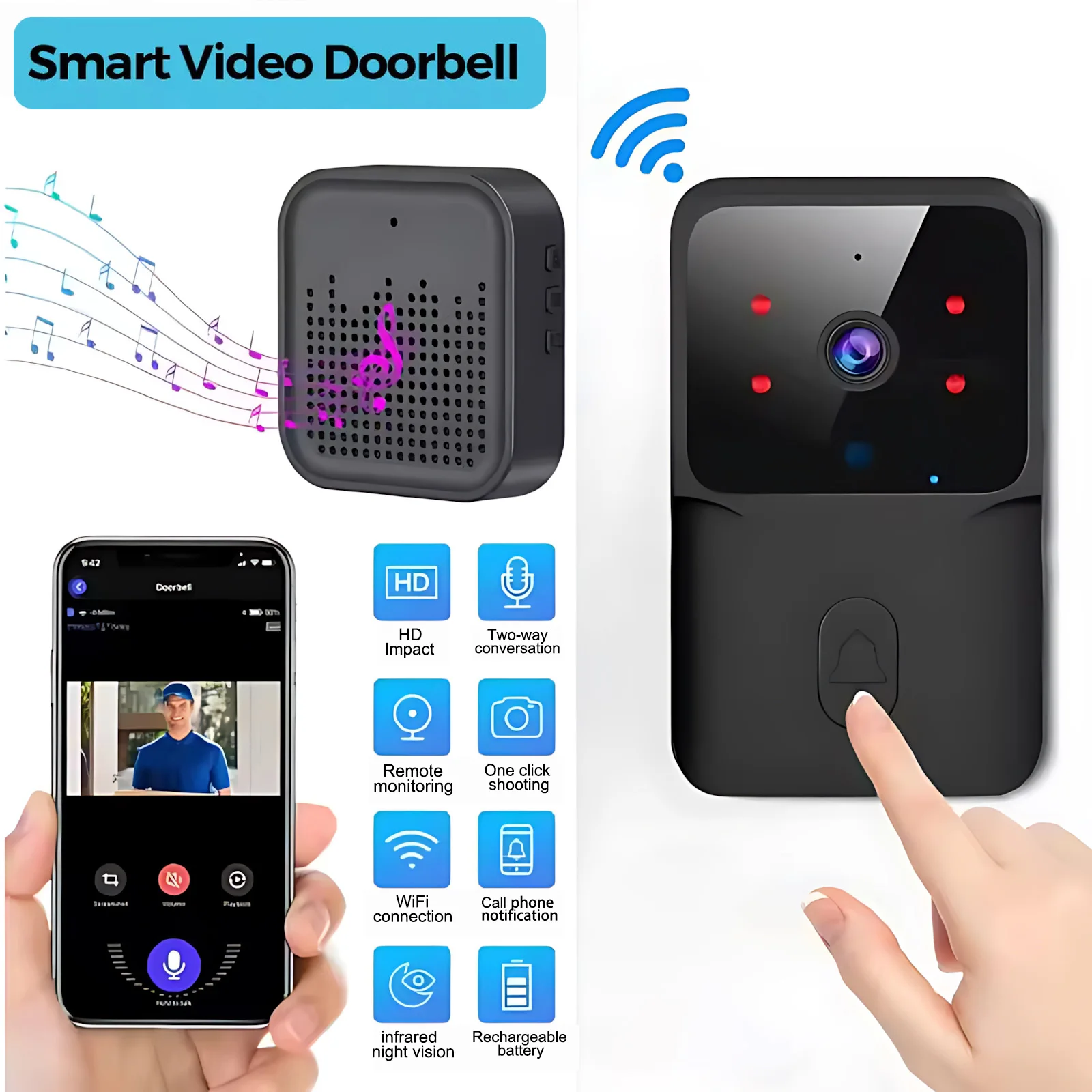 스마트 홈 WiFi 비디오 초인종 무선 전화 양방향 인터콤 시스템 IR 야간 투시경 초인종 보안 도어벨 카메라 모니터