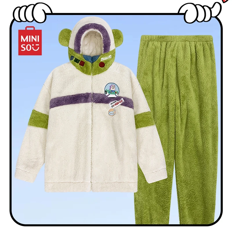 

New Miniso Buzz Lightyear Embroidered Pattern Women's Loose Flannel Long Sleeve Pyjama Set Thickened Version Kawaii Homewear Set