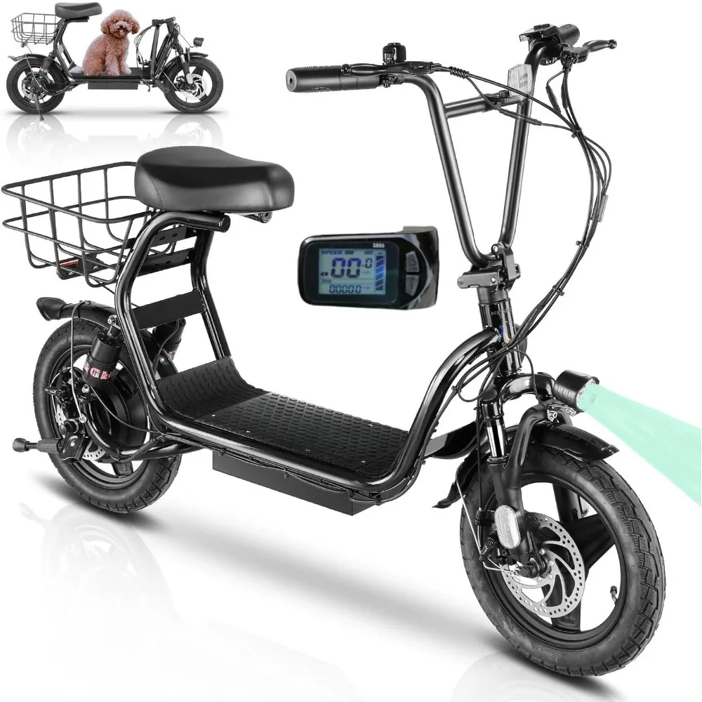 Electric Bike for Commuting, Scooter with Seat, 48V Battery, 25 Miles Range, 20MPH Top Speed, 14 1