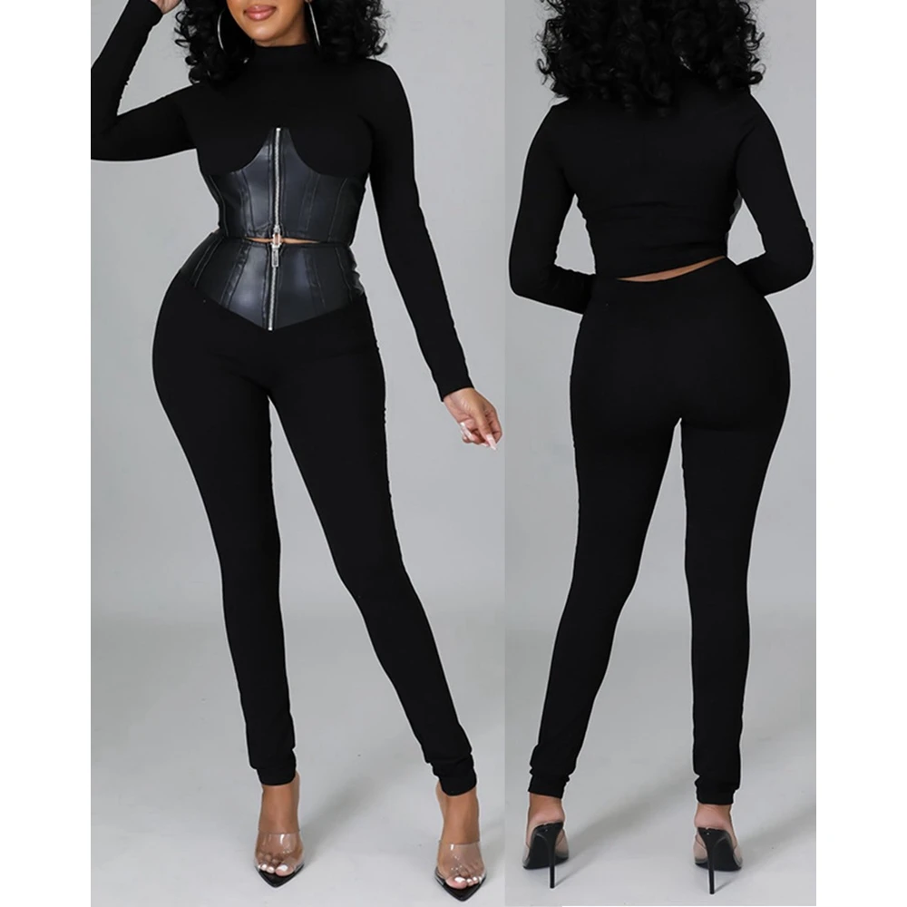 

Ensemble Femme Pu Leather Zipper Front O Neck Cropped Top & Pants Set Skinny 2 Pieces Sets Womens Outfit Streetwear y2k Clothes