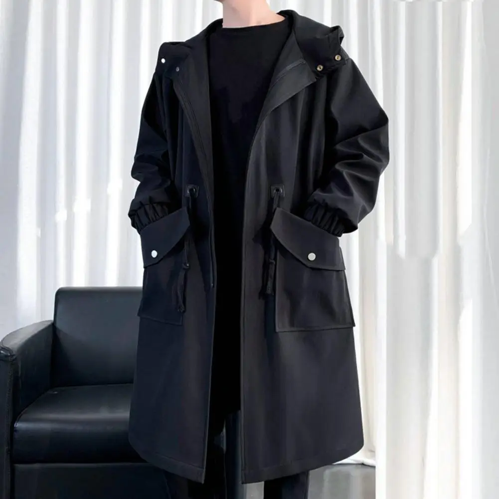 

Men Hooded Windbreaker Stylish Men's Hooded Trench Coat with Big Pockets Windproof Mid-length Jacket for Streetwear for Men