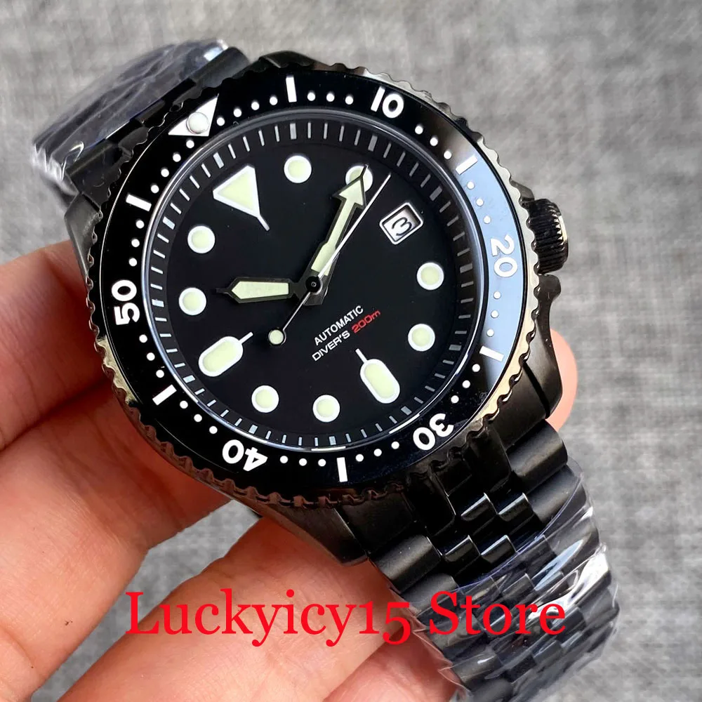 Tandorio 41MM Black PVD Watch Diver 200M Waterproof Black Dial Luminous NH35A Automatic Men's Watch Sapphire Glass Rubber Strap