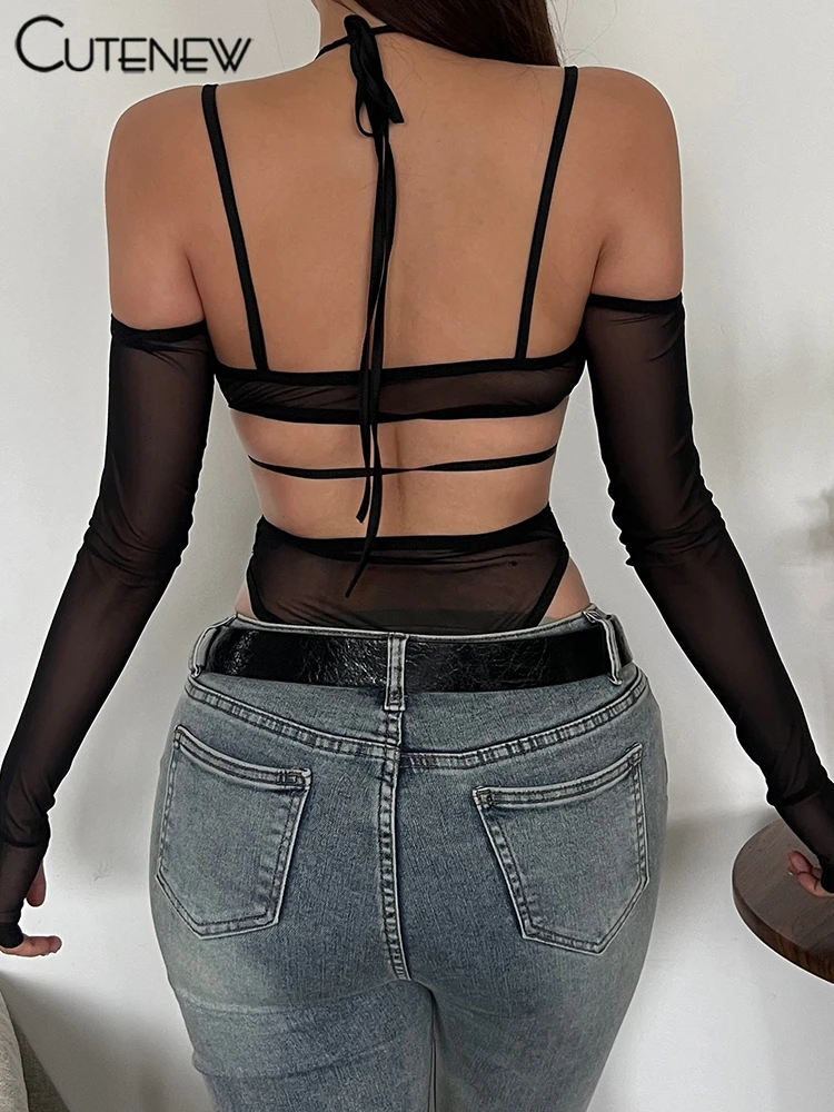 Body de malla para mujer, sexy, coqueto, transparente, con tirantes, sin espalda, ajustado, para discoteca, color medianoche