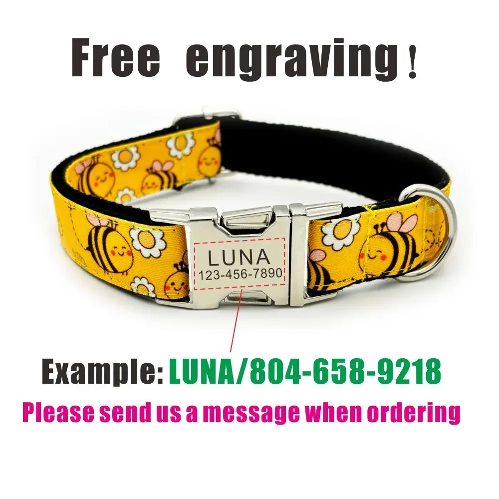 Personalized Dog Collar Pet Collar Free Engraving ID Nameplate Tag Pet Cute Bee Honey Yellow Puppy Collars Leash dog collar dog id tag