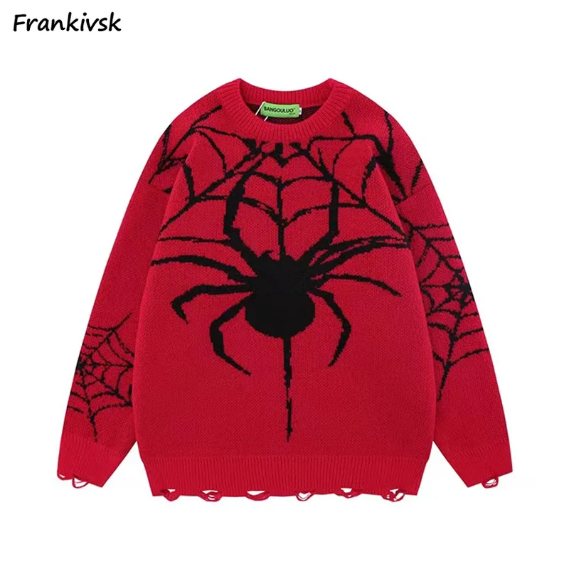 

Sweaters Women Contrast Color Spider Print Advanced Unisex Normcore Couple Knitwear High Street All-match Korean Style Pullovers