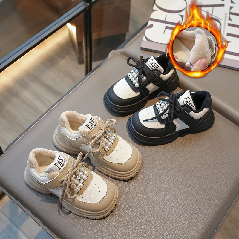 

Kids Sneakers for Girls Korean Style Thick Bottom Princess Pearl Sport Shoes Winter Fashion Children Running Cotton Shoes Causal