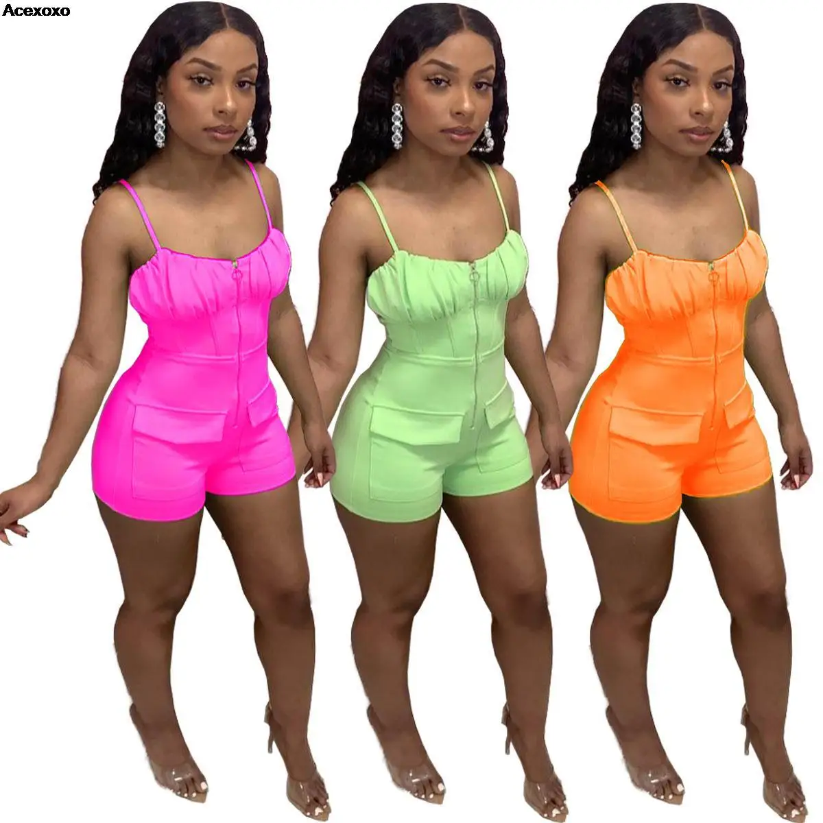 

Summer new solid color fashion casual slim-fit through thin pocket jumpsuit