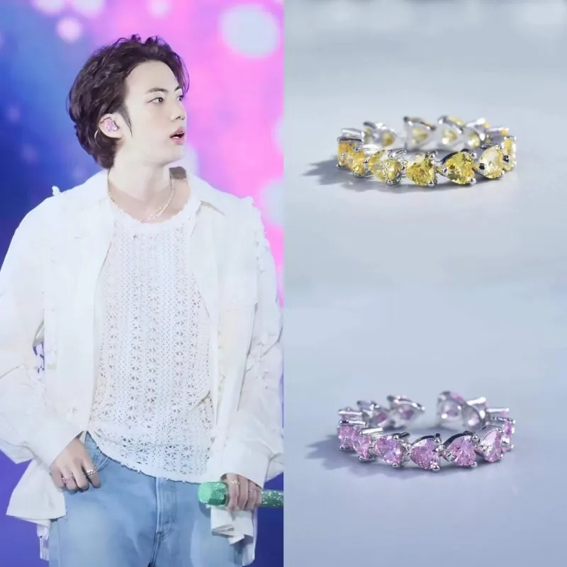 

2023 Korean Wave New JIN Same Pink Yellow Zircon Love Ring INS Fashion Trend Celebrity Jewelry Women Accessories Lovers Gift