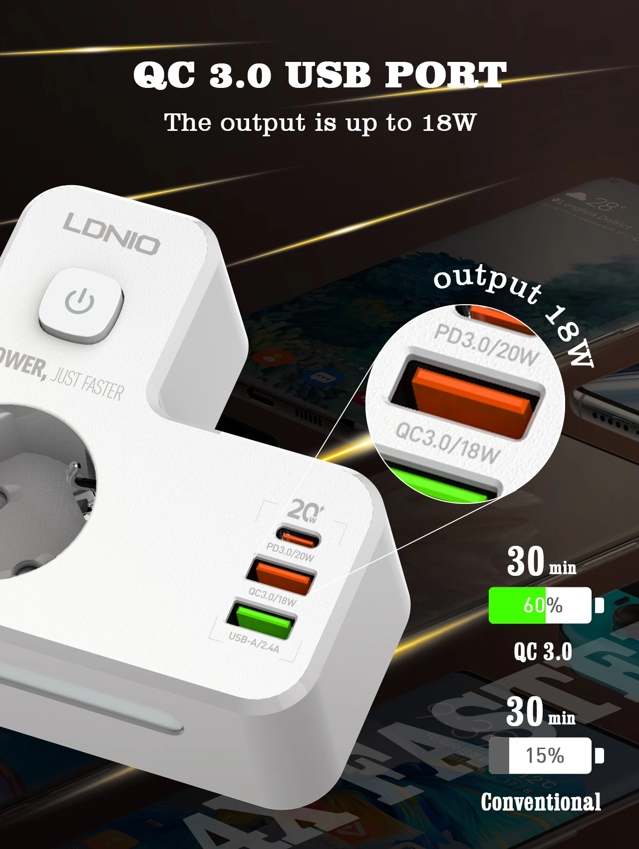 Power Strip European Plug Extension 20W PD 3 USB 2AC Outlet Extender Adapter Touch Night Lamp EU Standard Wall Socket